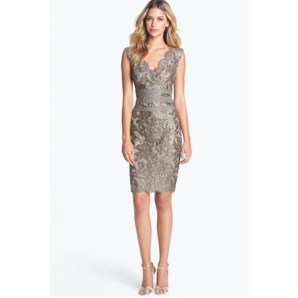 New Tadashi Shoji Taupe Sequin Lace Sheath Midi Dress Size 12 P Petite Sleevless